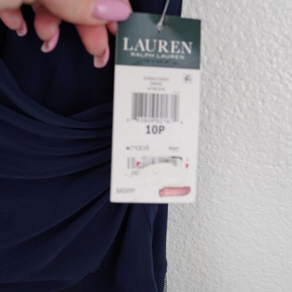 NWT Lauren Ralph Lauren Navy Sleeveless Lace Panel Fit & Flare Dress Size 10P - Picture 3 of 11
